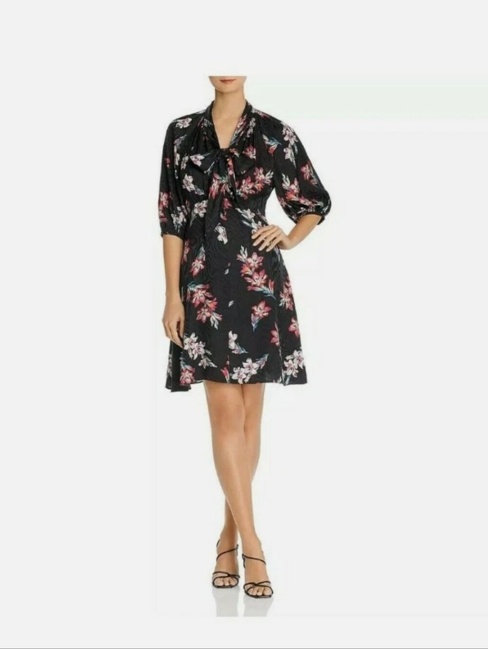 Rebecca Taylor Black Floral Tie-Neck Midi Dress